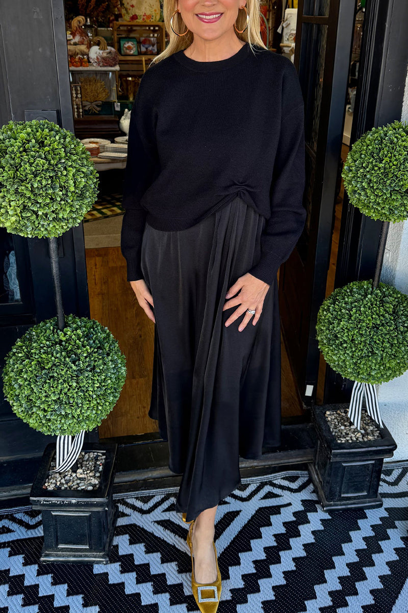 Black Satin Drape Midi Dress