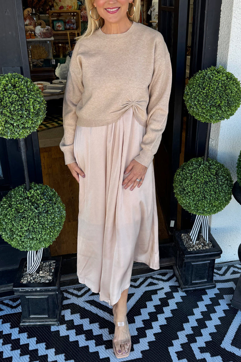 Black Satin Drape Midi Dress