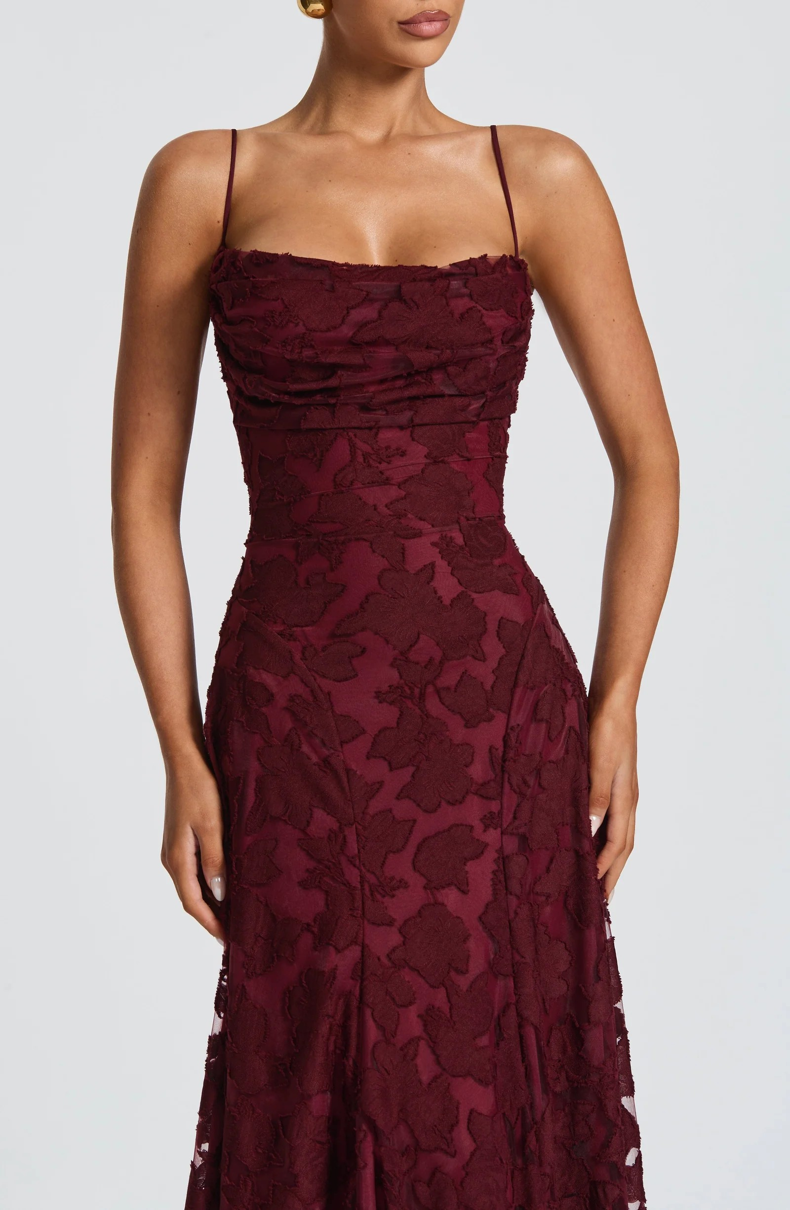 Burgundy Floral Lace Maxi Dress