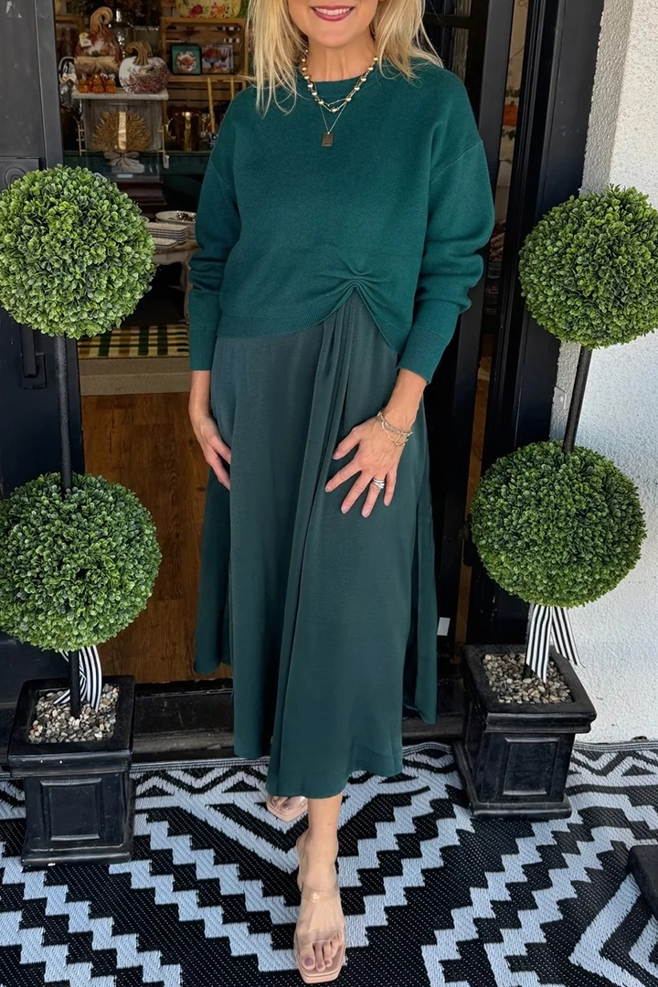 Black Satin Drape Midi Dress