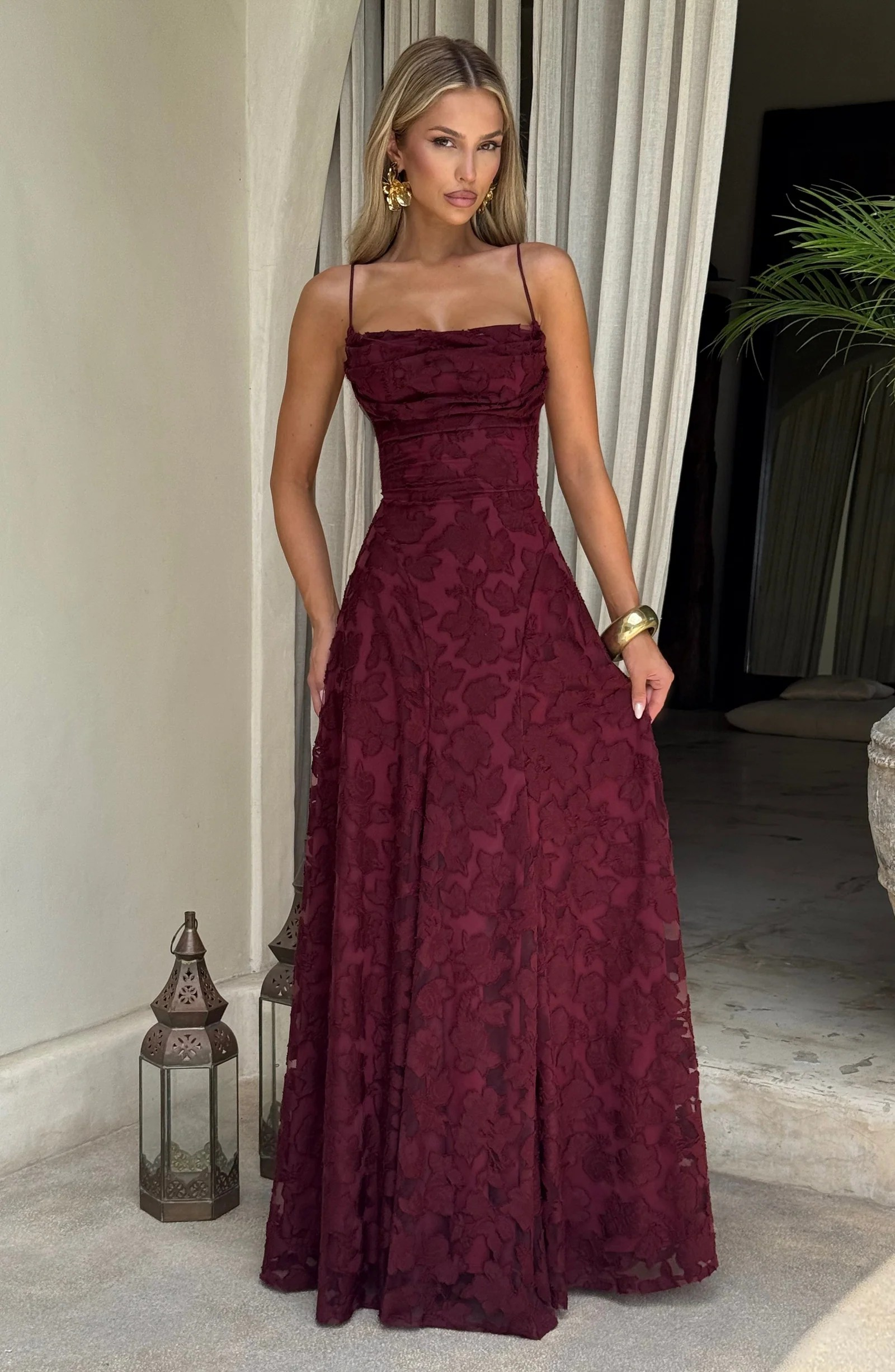 Burgundy Floral Lace Maxi Dress