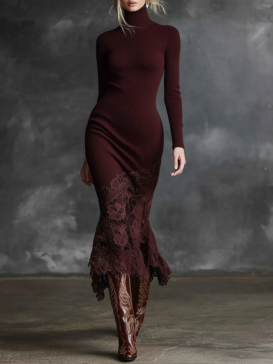 Burgundy Lace Hem Knit Gown Dress