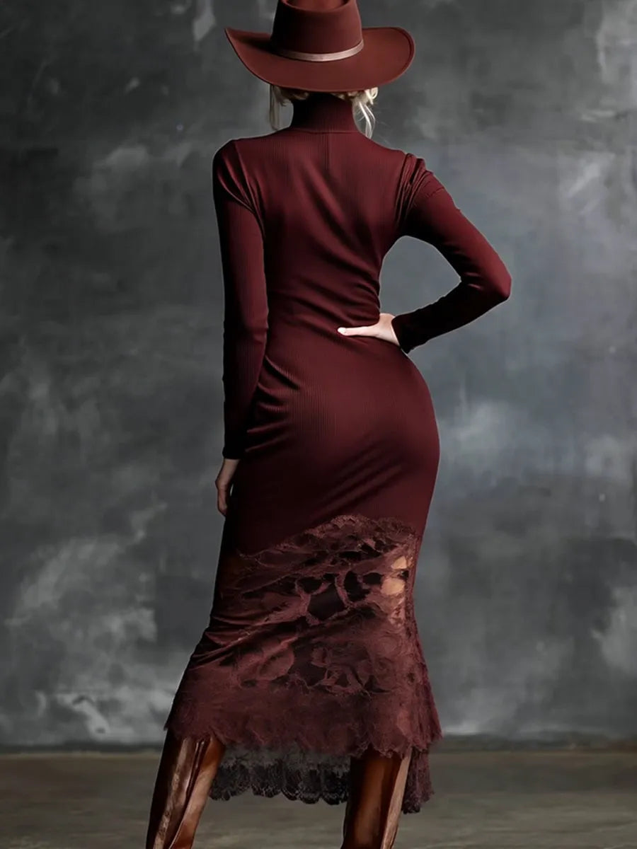 Burgundy Lace Hem Knit Gown Dress