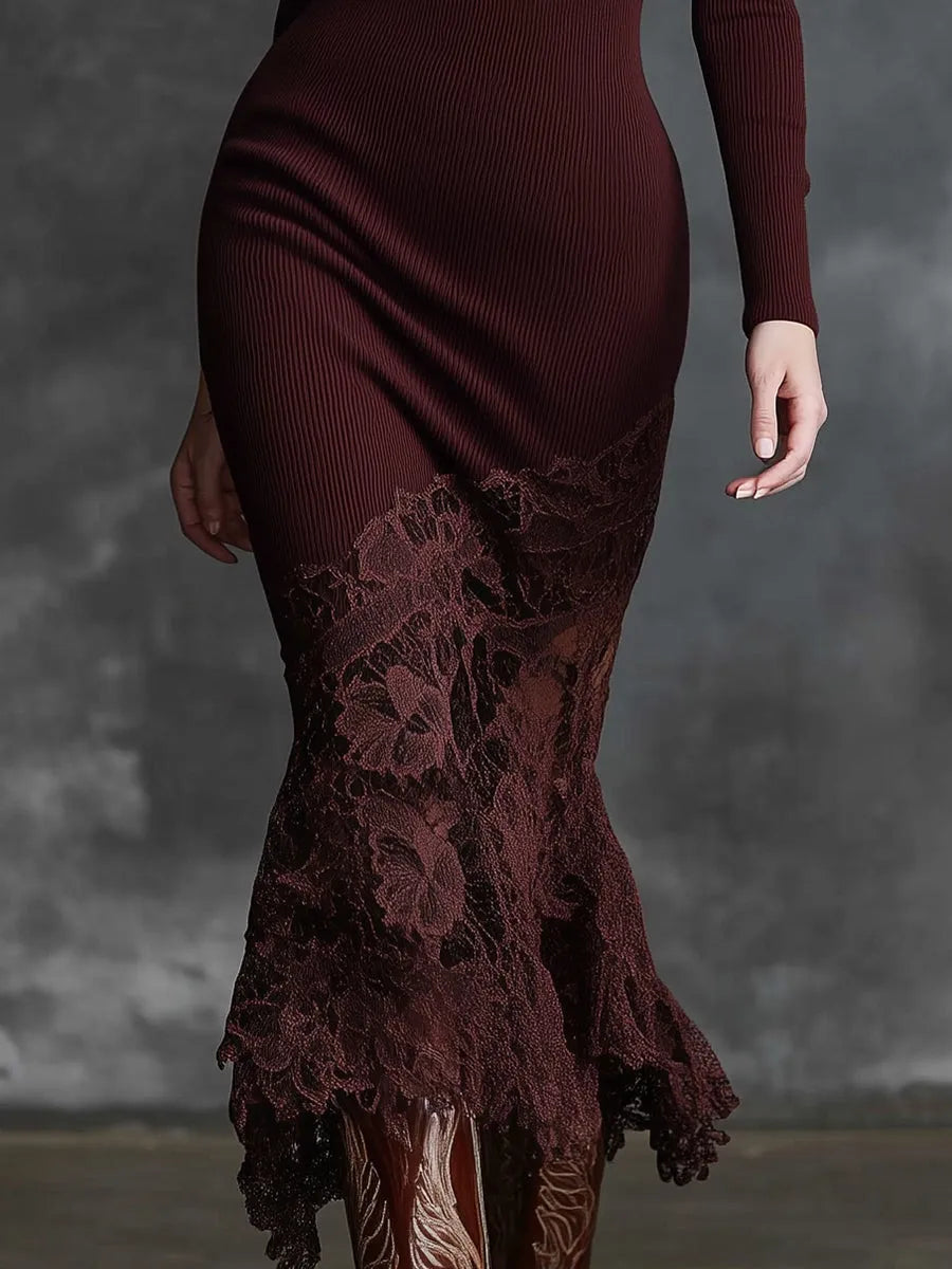 Burgundy Lace Hem Knit Gown Dress