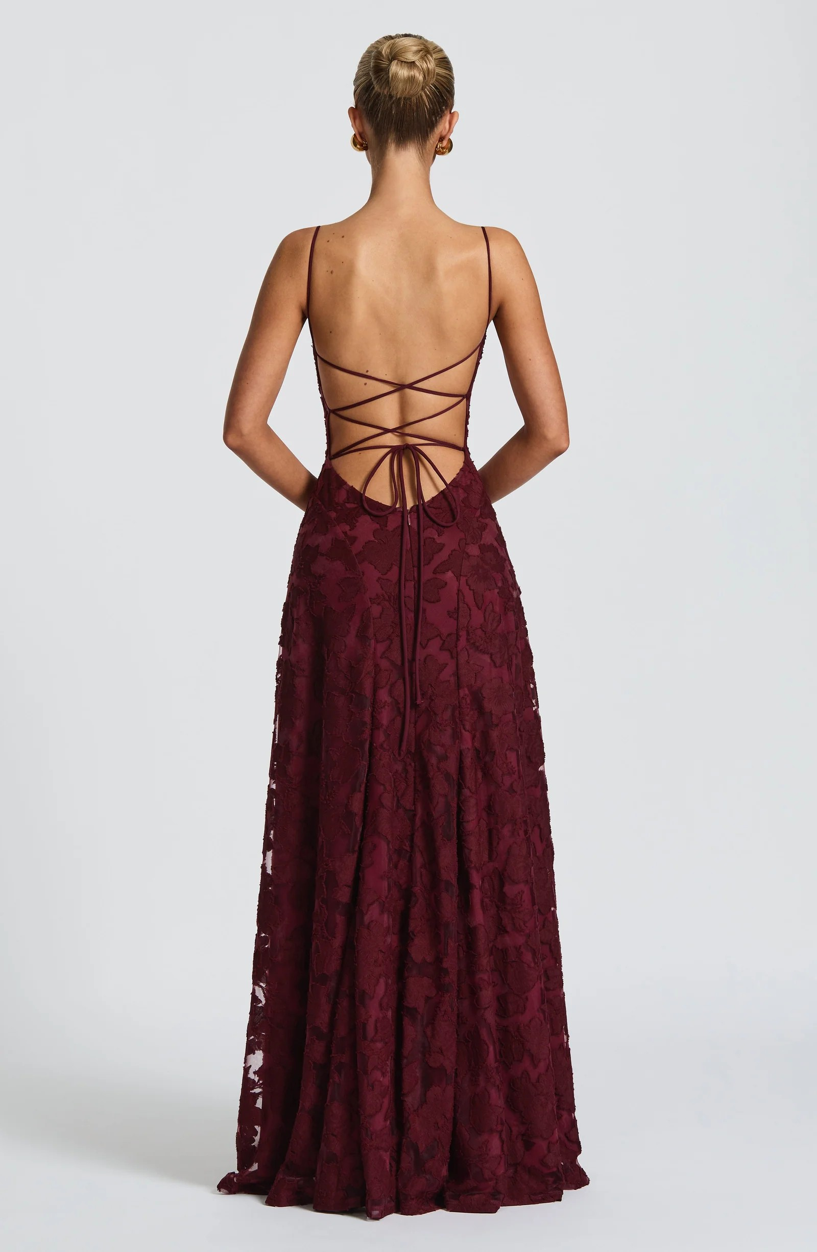 Burgundy Floral Lace Maxi Dress