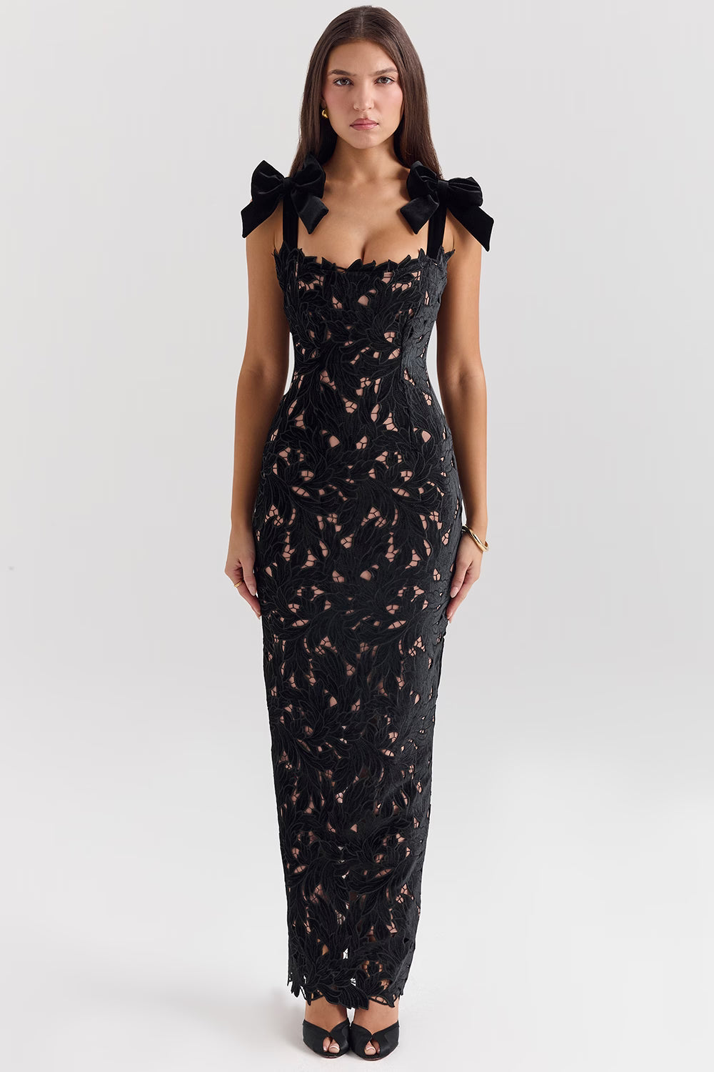 Velvet Bow Lace Evening Gown