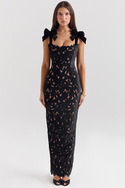 Velvet Bow Lace Evening Gown