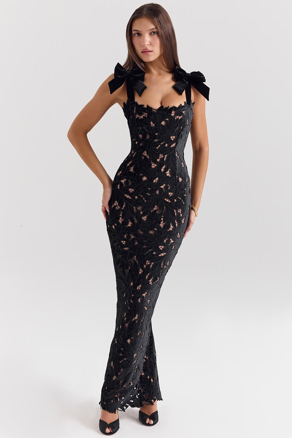 Velvet Bow Lace Evening Gown