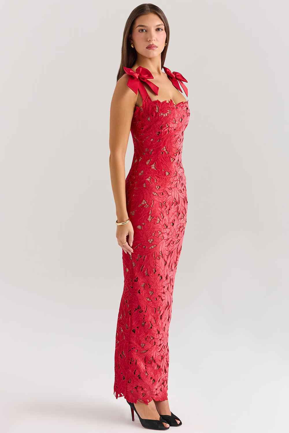 Velvet Bow Lace Evening Gown