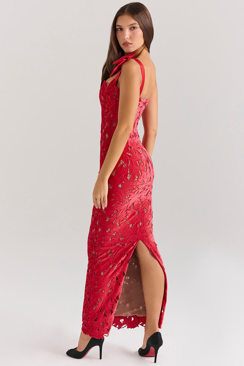 Velvet Bow Lace Evening Gown